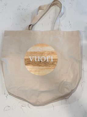 Vuori Natural Beige Canvas Tote with Wood-Textured Logo